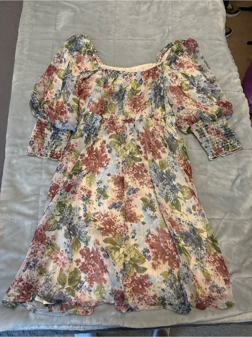 Cato Floral Off-Shoulder Mini Dress in Cream, Dusty Rose & Blue
